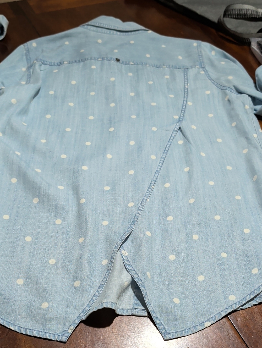 Foxcroft NYC Polka Dot Denim Button Down Shirt Size 12